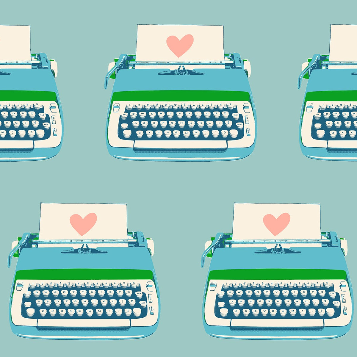 Pattern of blue typewriters with white paper and red hearts on a light blue background