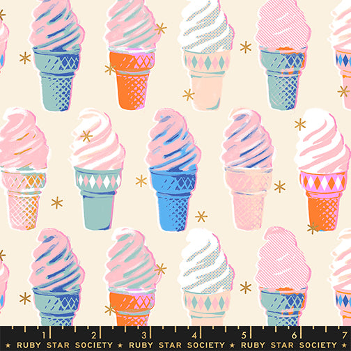 Pattern of colorful ice cream cones on a beige background with 'Ruby Star Society' branding.