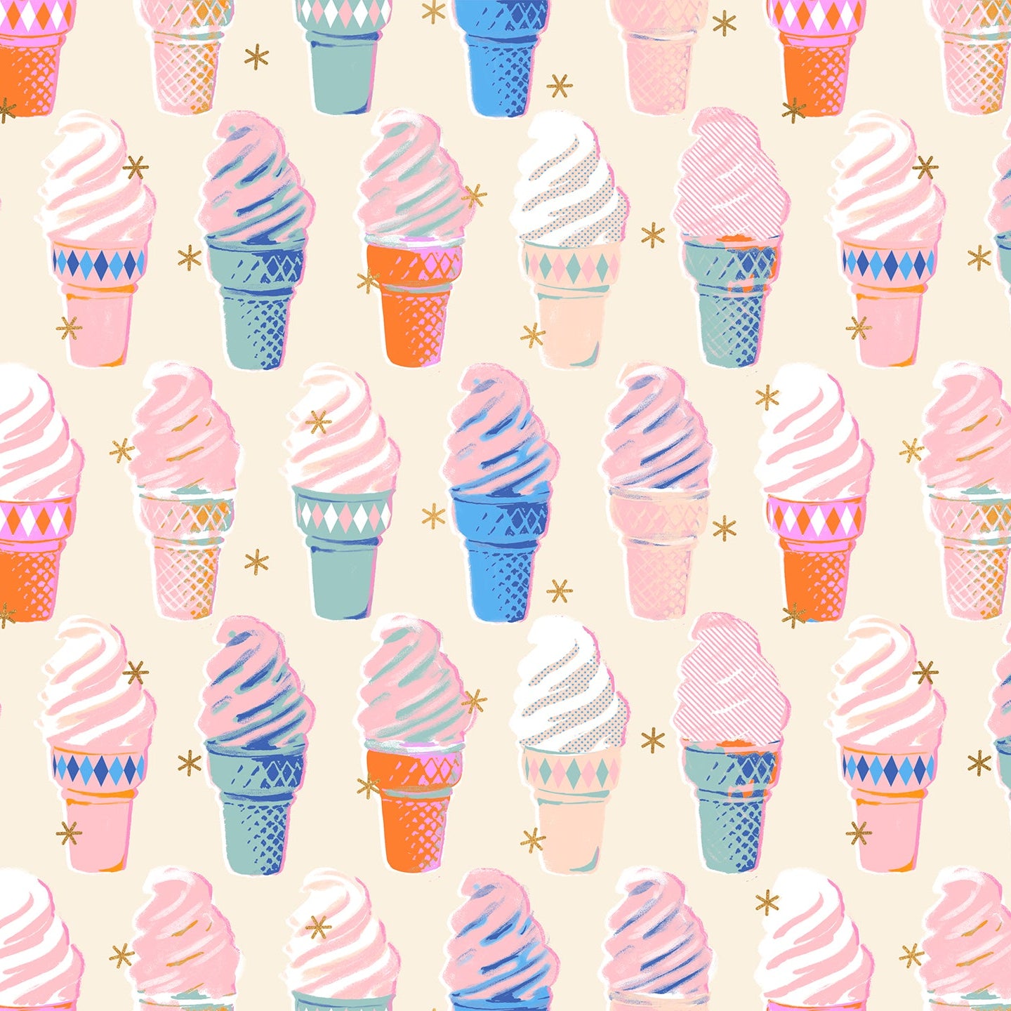 Pattern of colorful ice cream cones on a beige background