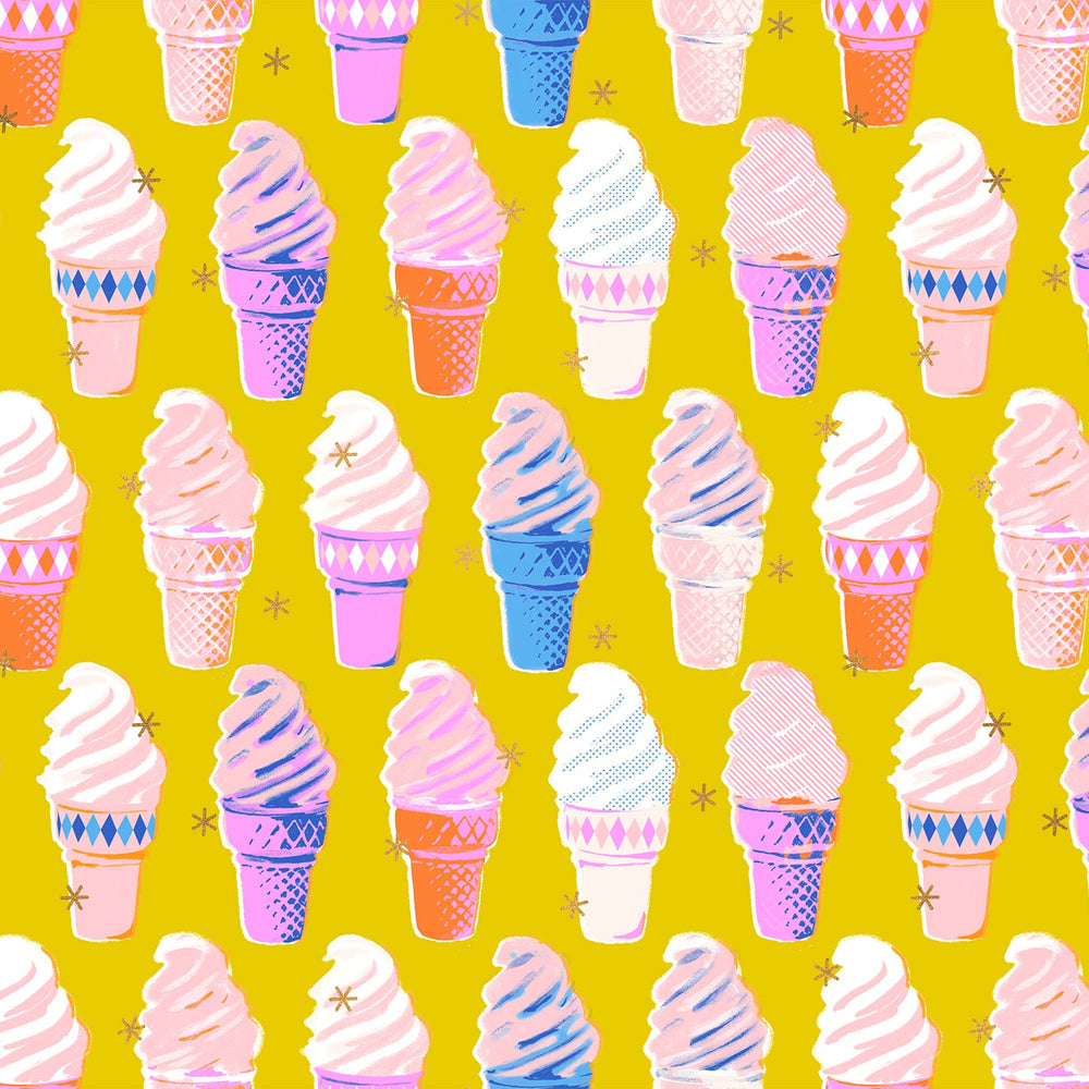 Pattern of colorful ice cream cones on a yellow background