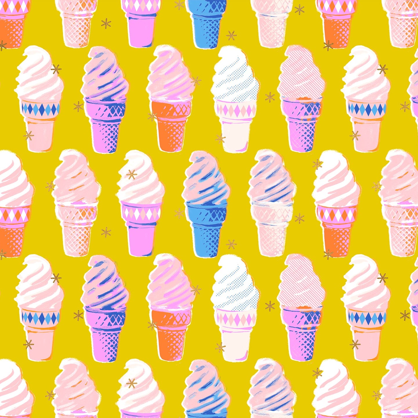Pattern of colorful ice cream cones on a yellow background