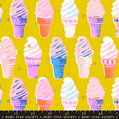 Pattern of colorful ice cream cones on a yellow background with a Ruby Star Society label.
