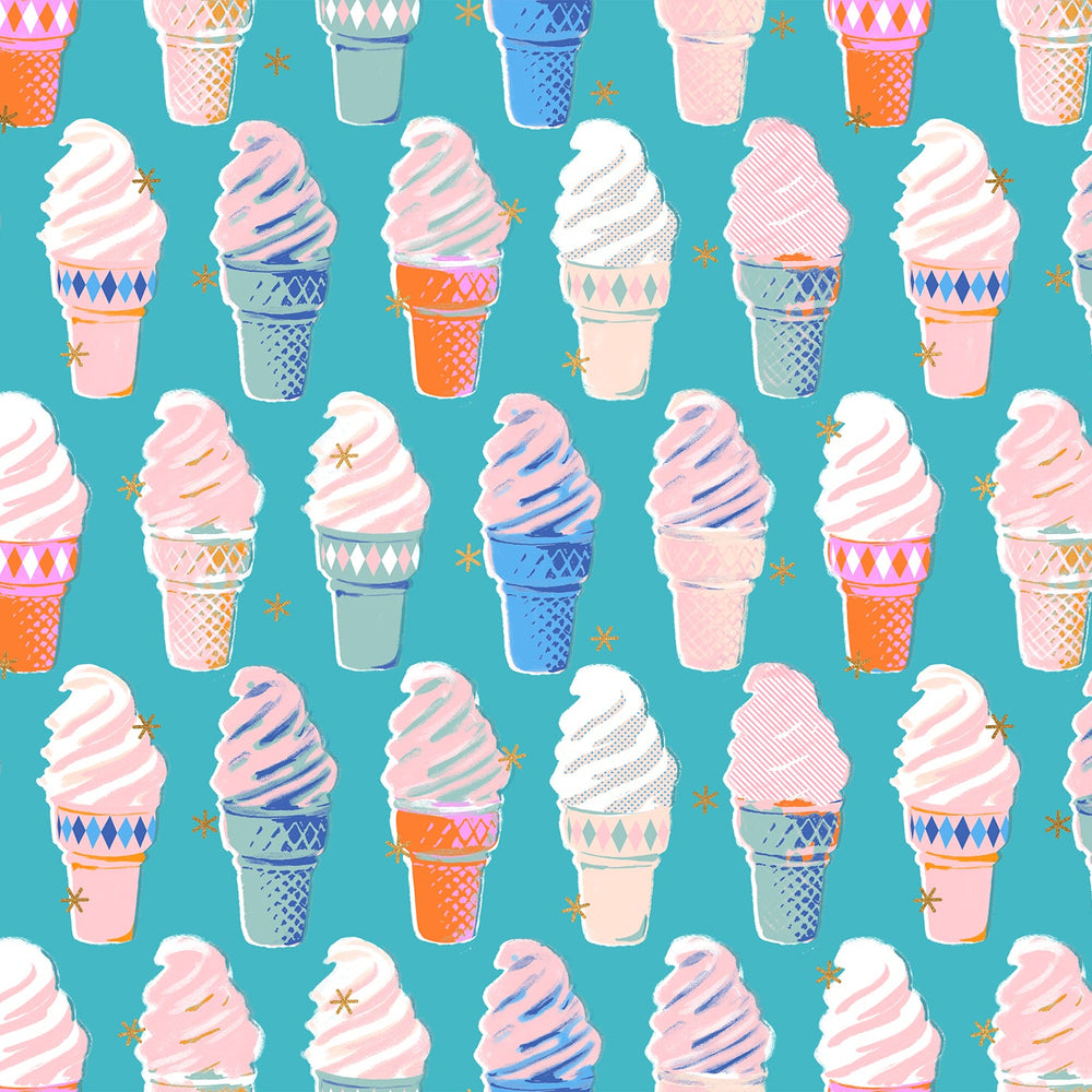 Pattern of colorful ice cream cones on a blue background