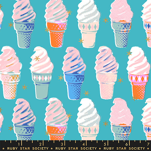 Pattern of colorful ice cream cones on a blue background with a ruler at the bottom.