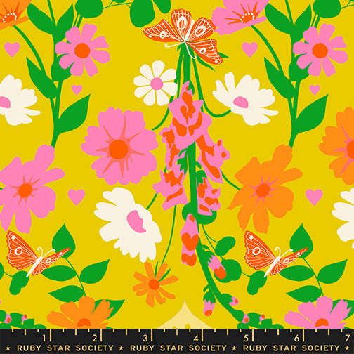 Colorful floral pattern with butterflies on a yellow background, featuring Ruby Star Society branding.