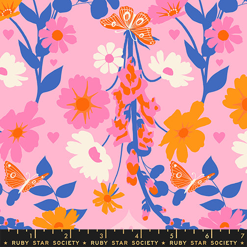 Colorful floral and butterfly pattern on a pink background with a Ruby Star Society label.