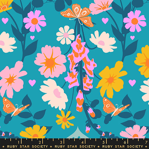 Floral and butterfly pattern with pink, yellow, and orange flowers on a blue background.