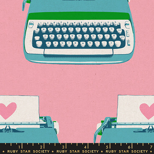 Teal typewriter with white keys on a pink background, featuring the Ruby Star Society label.