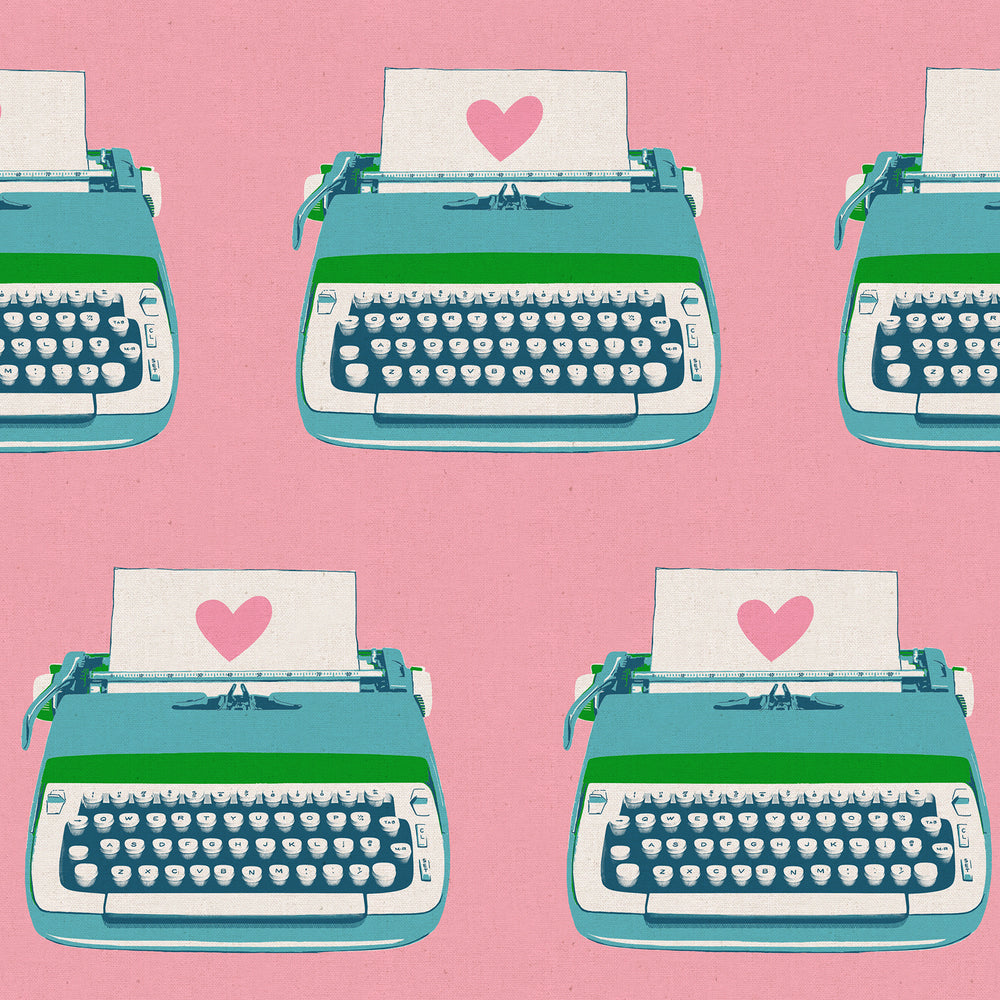 Pattern of vintage typewriters with heart symbols on a pink background