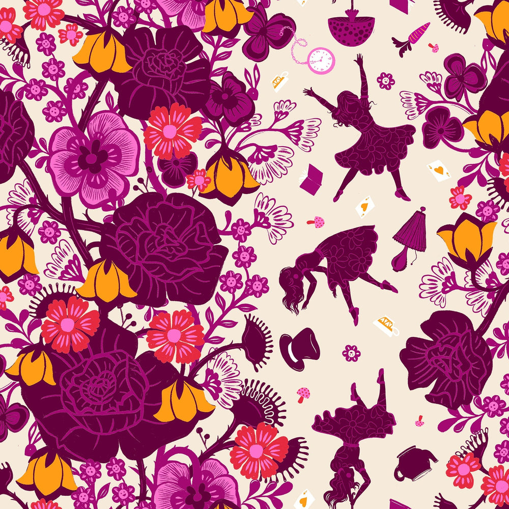 Colorful floral and silhouette pattern on a light background