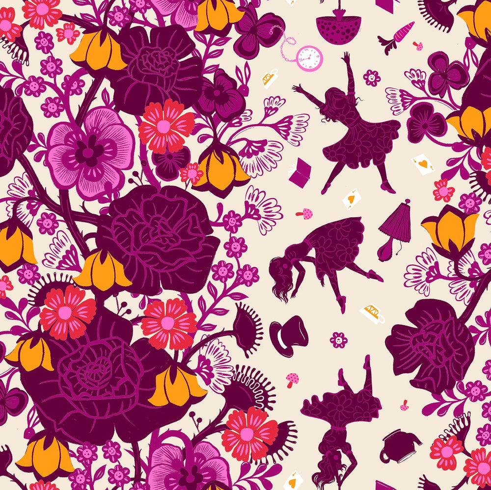 Colorful floral and silhouette pattern on a light background