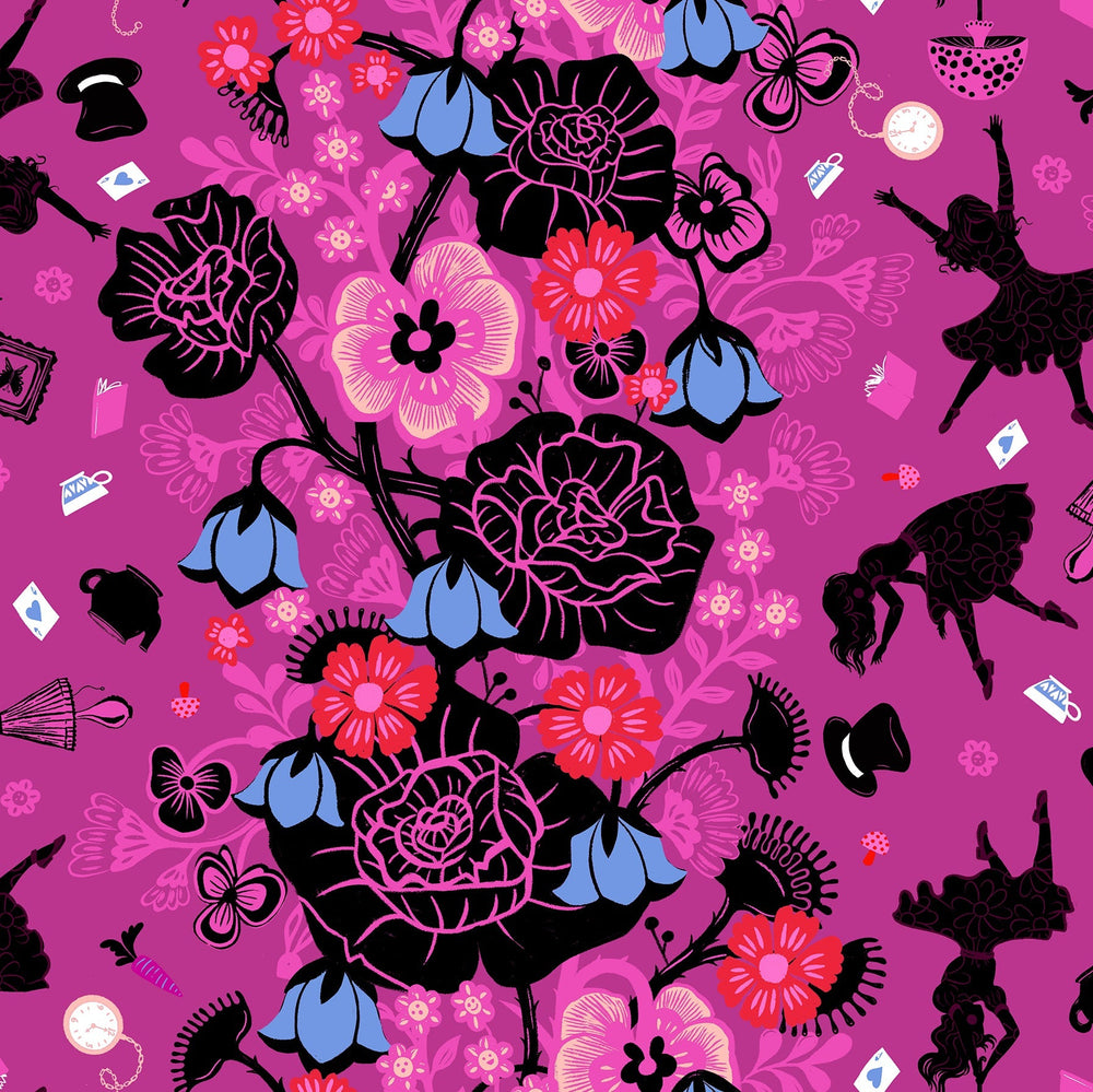 Colorful pattern with silhouettes of dancers and flowers on a pink background