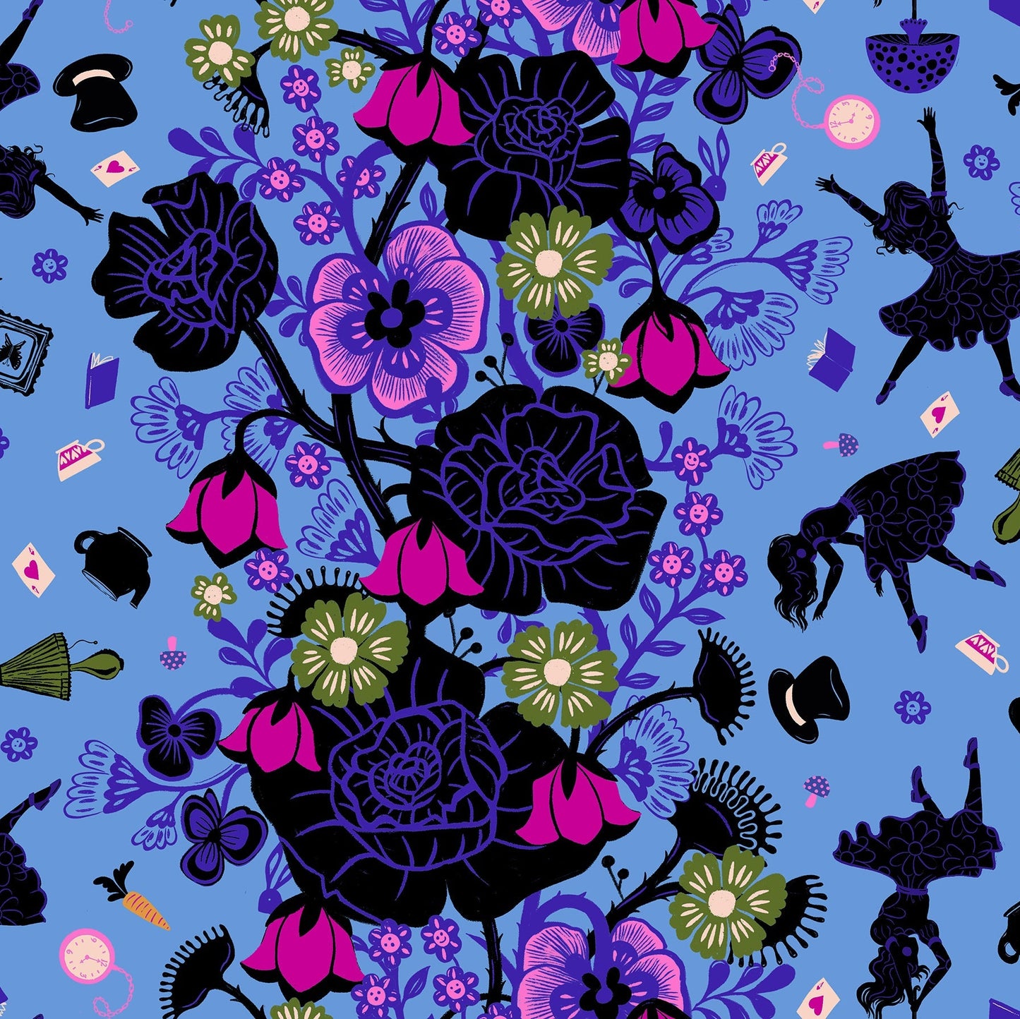 Colorful floral and silhouette pattern on a blue background