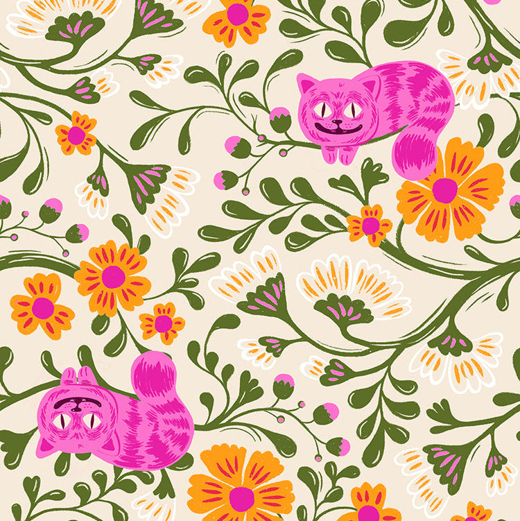 Pattern of pink cats and orange flowers on a beige background