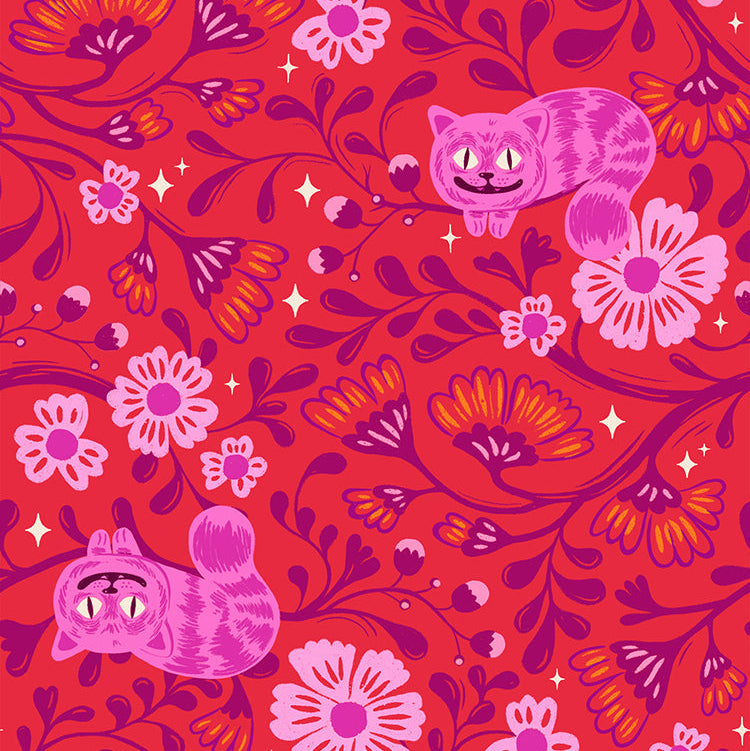 Pink cats and flowers on a red background