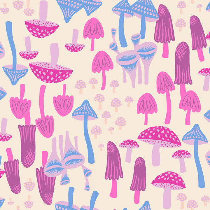 Pattern of colorful mushrooms on a light pink background