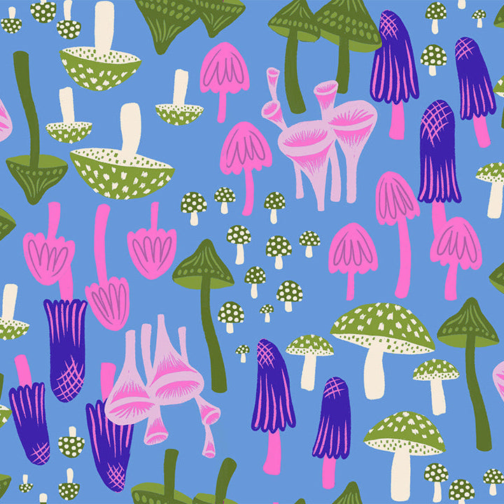 Colorful pattern of stylized mushrooms on a blue background