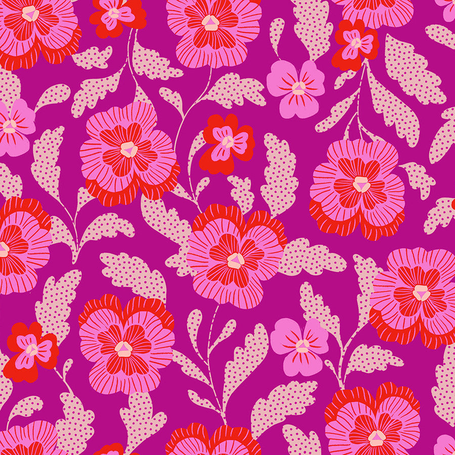 Floral pattern with pink and red flowers on a purple background