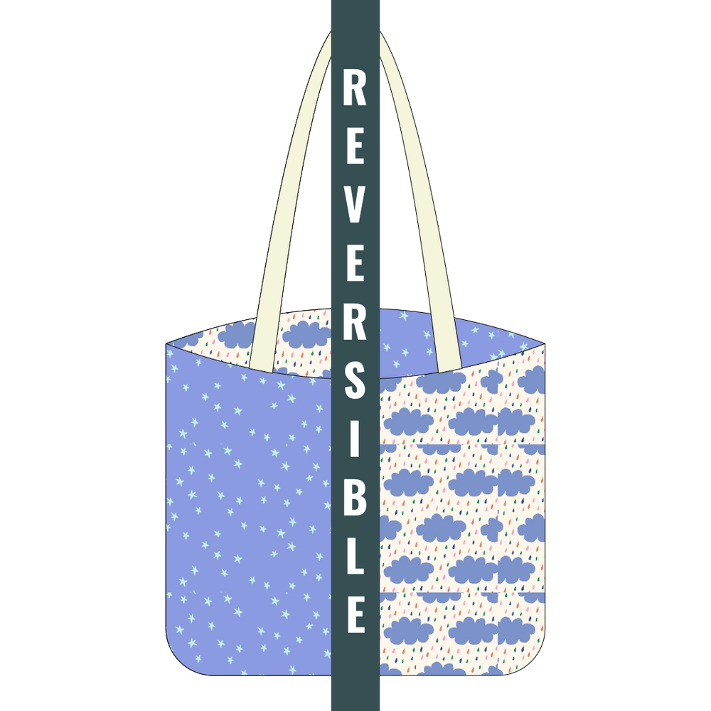 Digital mock up of an all cotton tote kit with raincloud and starry fabrics