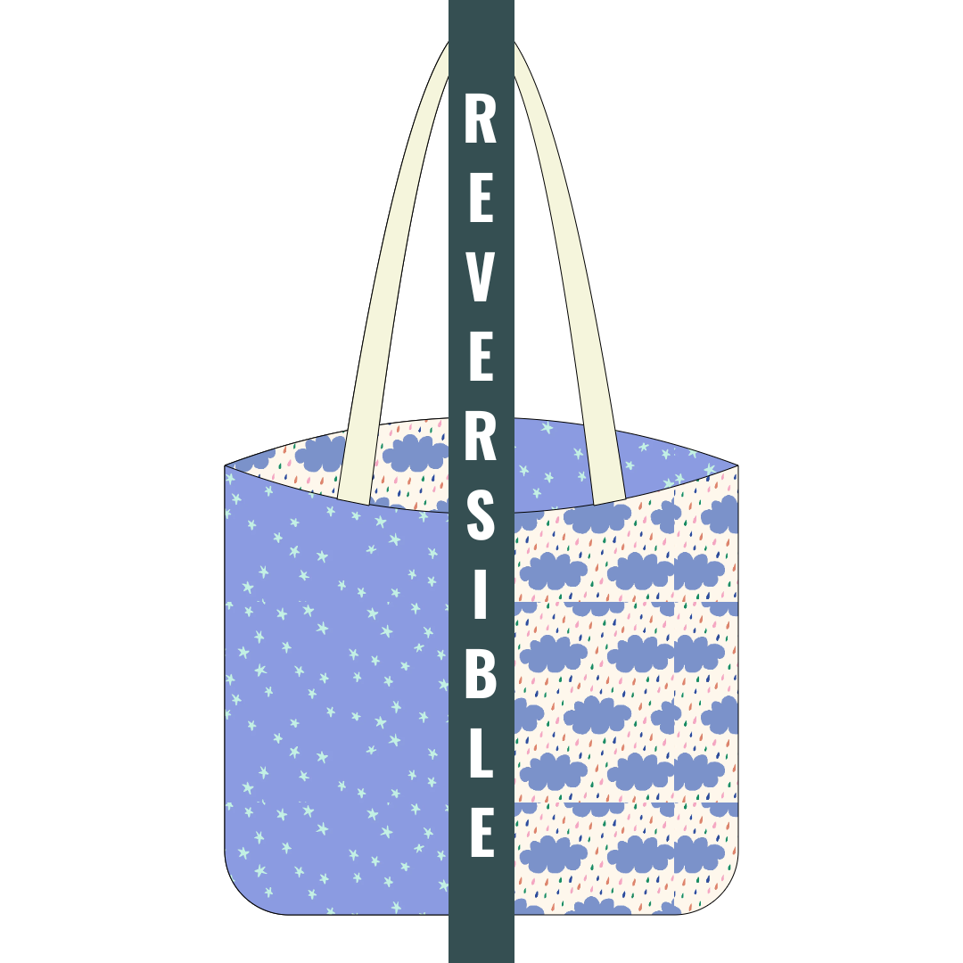 Digital mock up of an all cotton tote kit with raincloud and starry fabrics