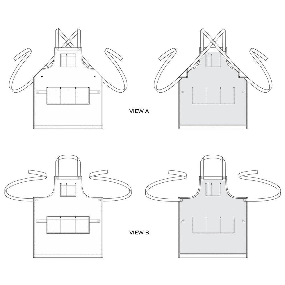 Front and back sketches of the design of the sam apron sewn in a beginning sewing class at Wyldwood Creative in Renton