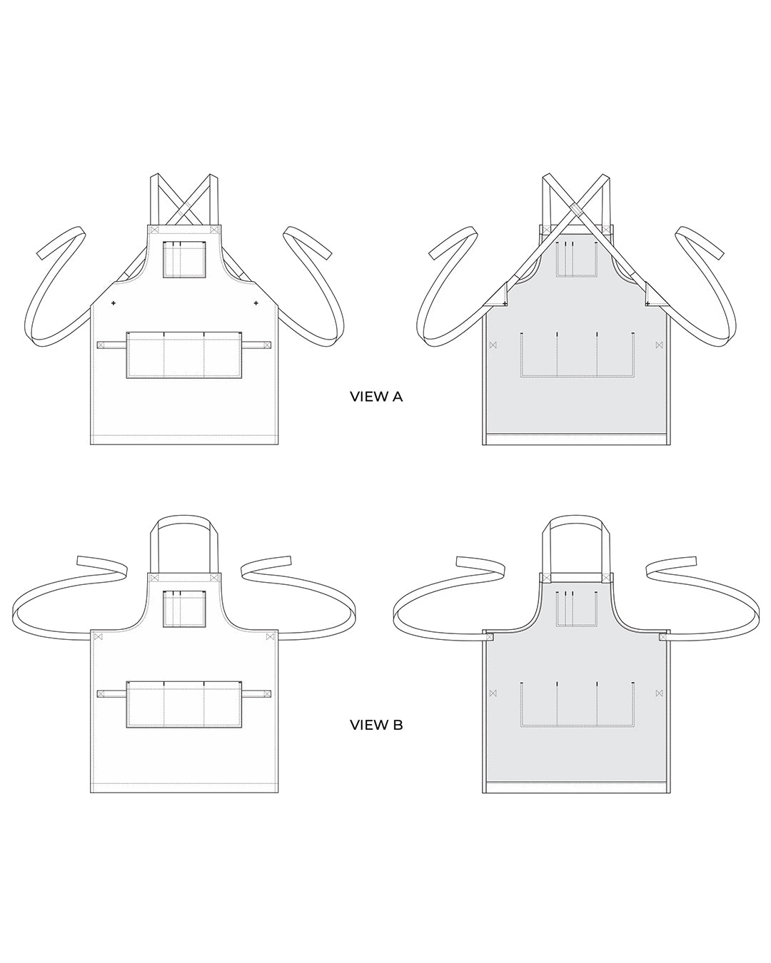 Front and back sketches of the design of the sam apron sewn in a beginning sewing class at Wyldwood Creative in Renton