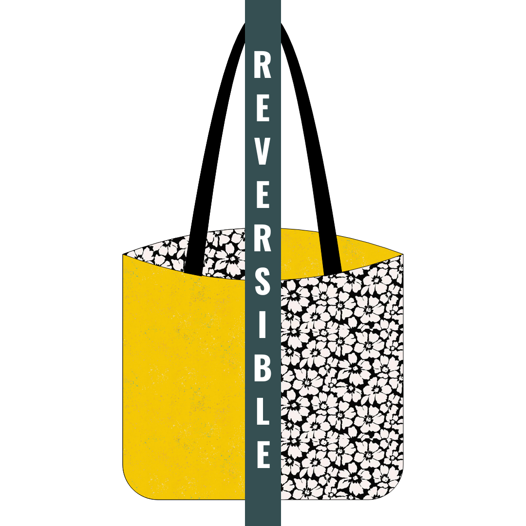 Digital mock up of a reversible tote kit using bright yellow speckled and black and white flora fabrics
