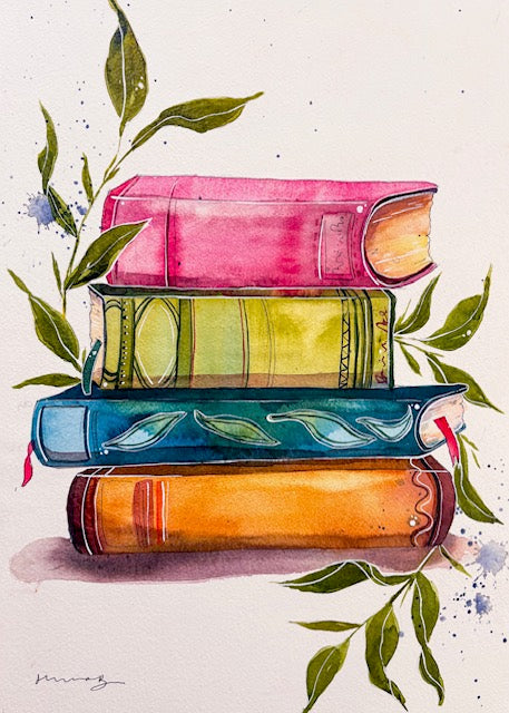 Picture of a water color stack of books