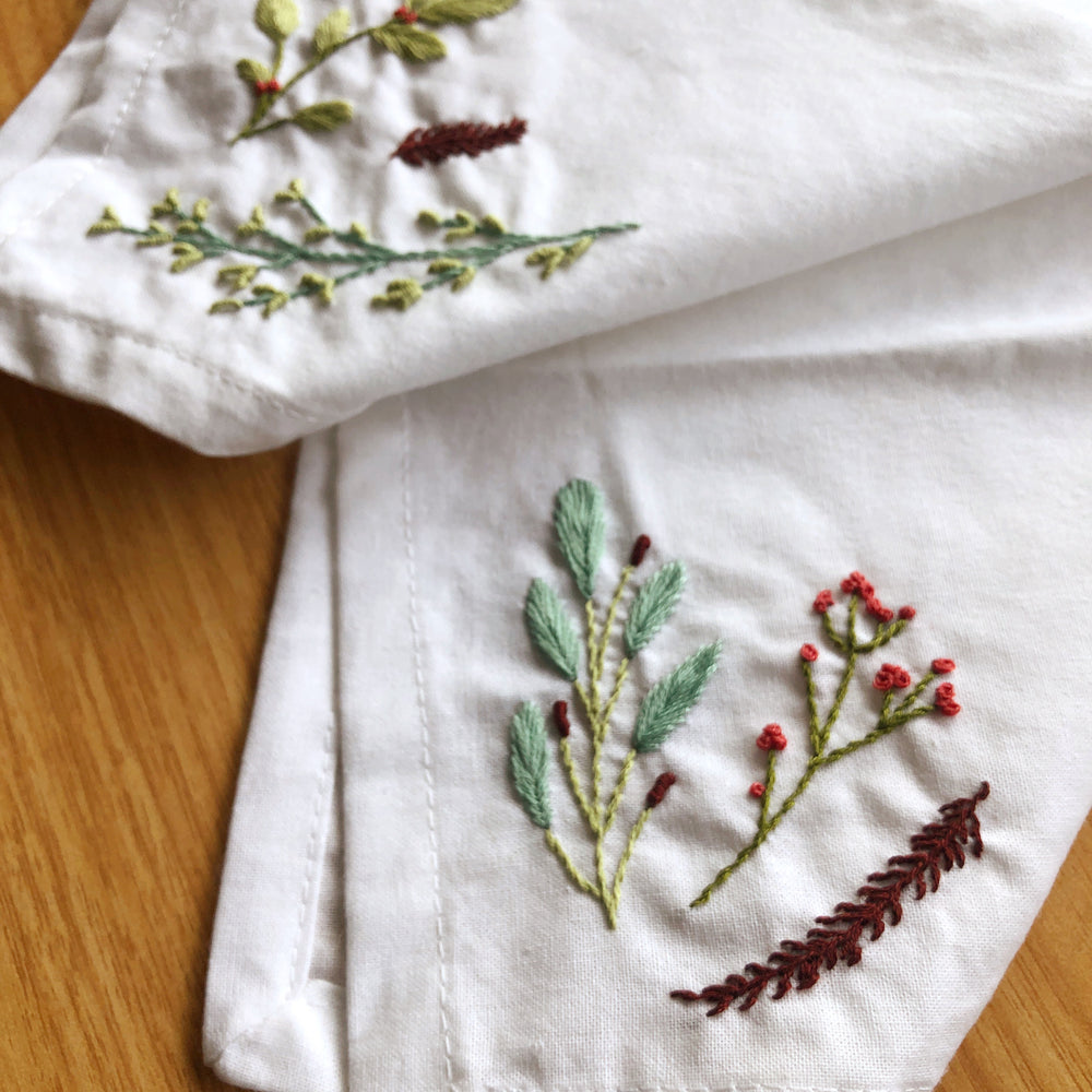 
                      
                        finished embroidered napkin laying on a wooden surface 
                      
                    