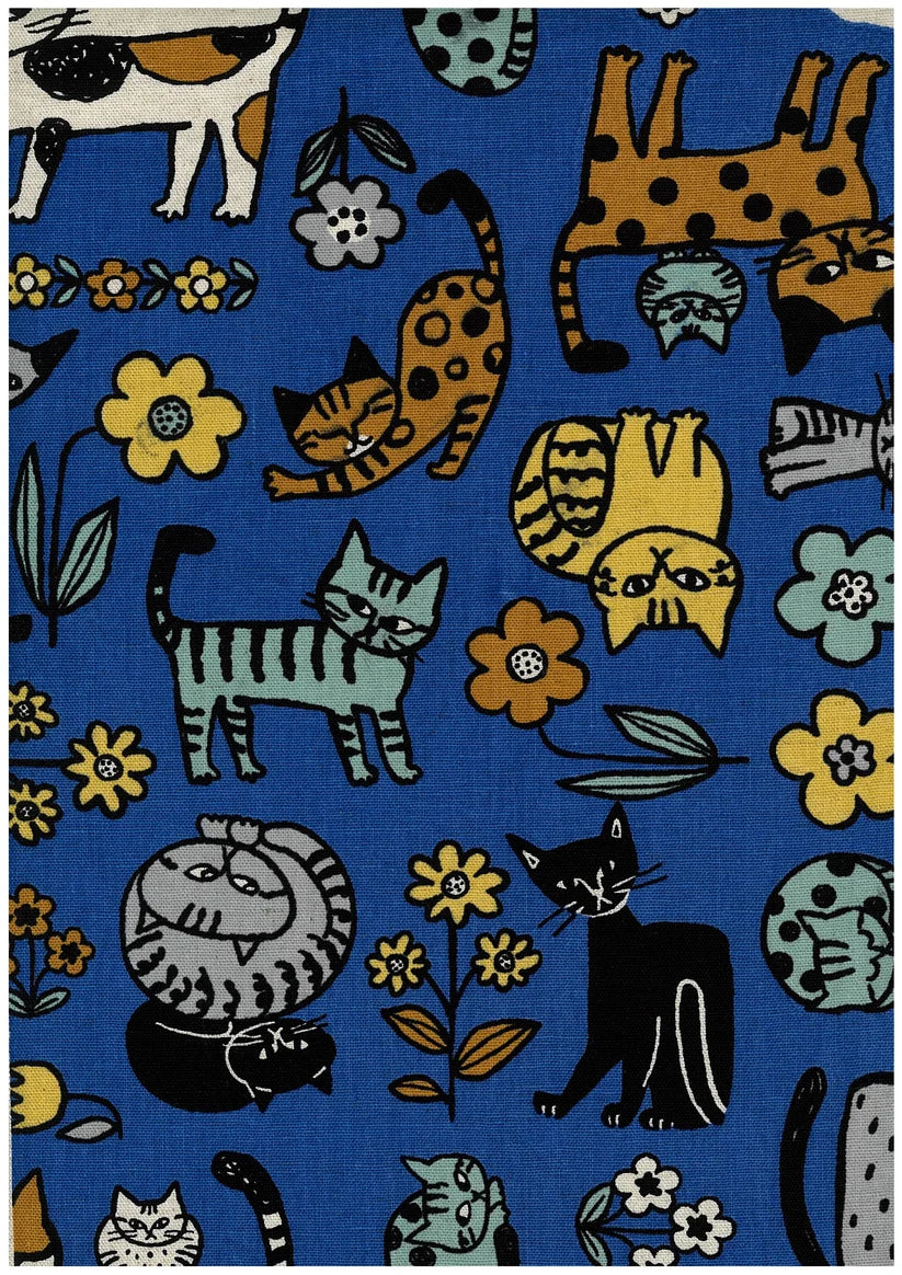 Scandinavian Cotton Linen Canvas - Cats Blue