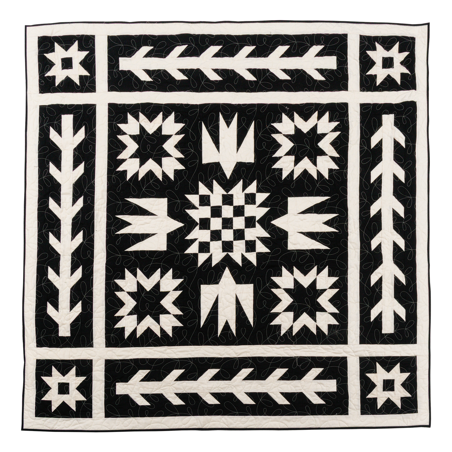 black and white quilt pattern featuring birds, checkerboard, and stars