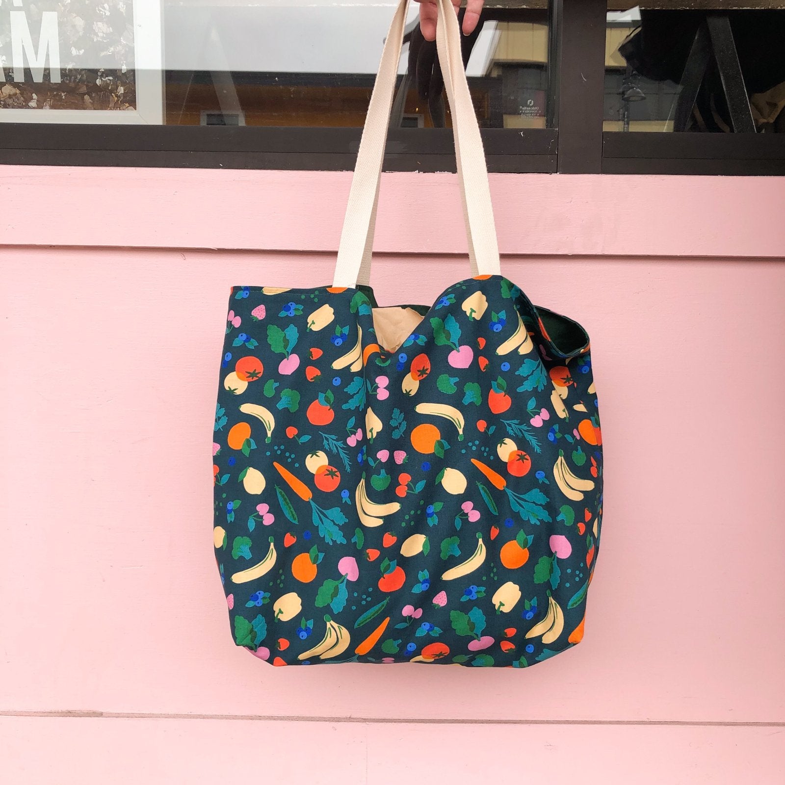 Cute tote bag with fruit print made in a beginning sewing class at Wyldwood Creative Renton