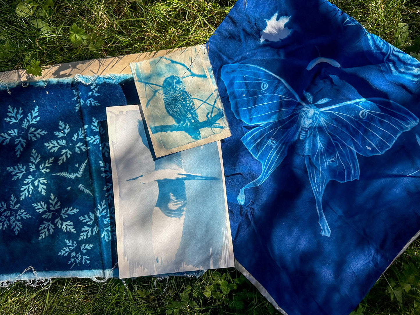 Fabrics and paper with images and designs in blues made in the cyanotype class at Wyldwood Creative in Renton