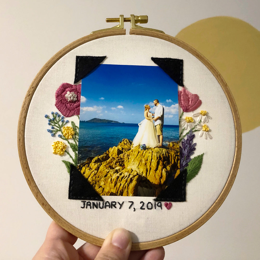 Wedding photo displayed in an embroidery frame with the wedding date.