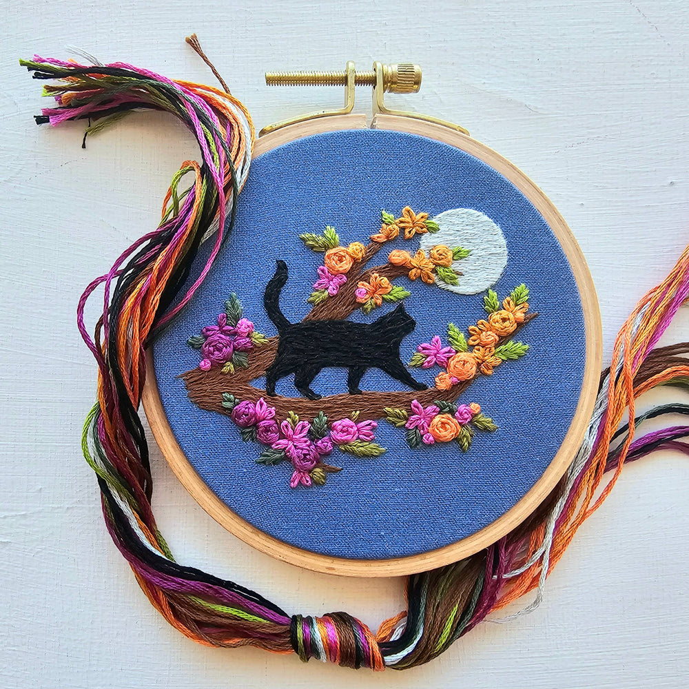 Mini Black Cat & Full Moon Embroidery Kit