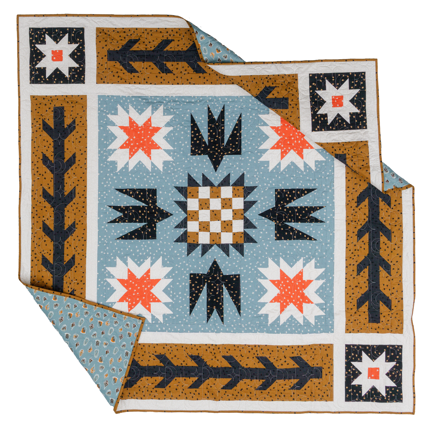 geometric quilt pattern featuring birds, stars, and checkerboard. showing in warm tone colors with small star design