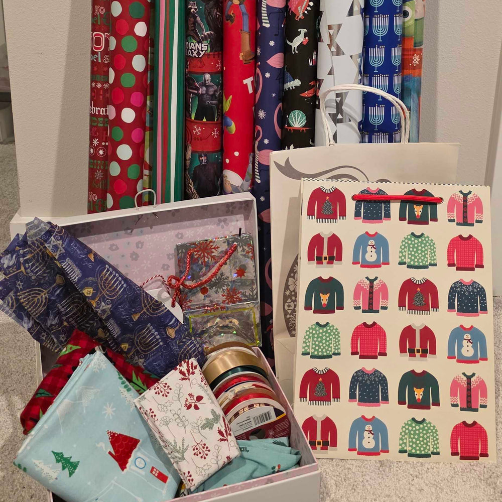 varying types of gift wrap and supplies