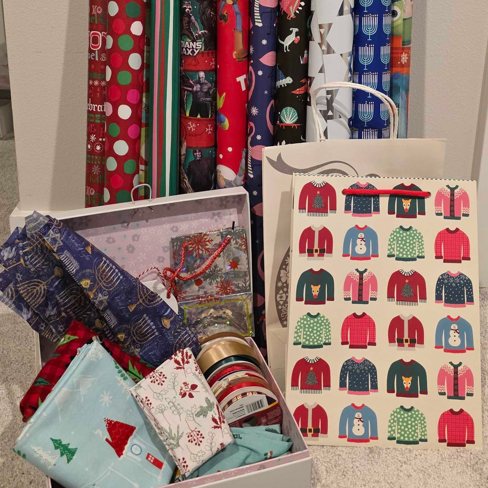 varying types of gift wrap and supplies
