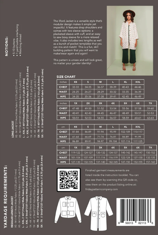 Back of pattern intersections for Ilford Jacket- including a sizing chart and materials needed - to be made at sewing class at Wyldwood Creative in Renton