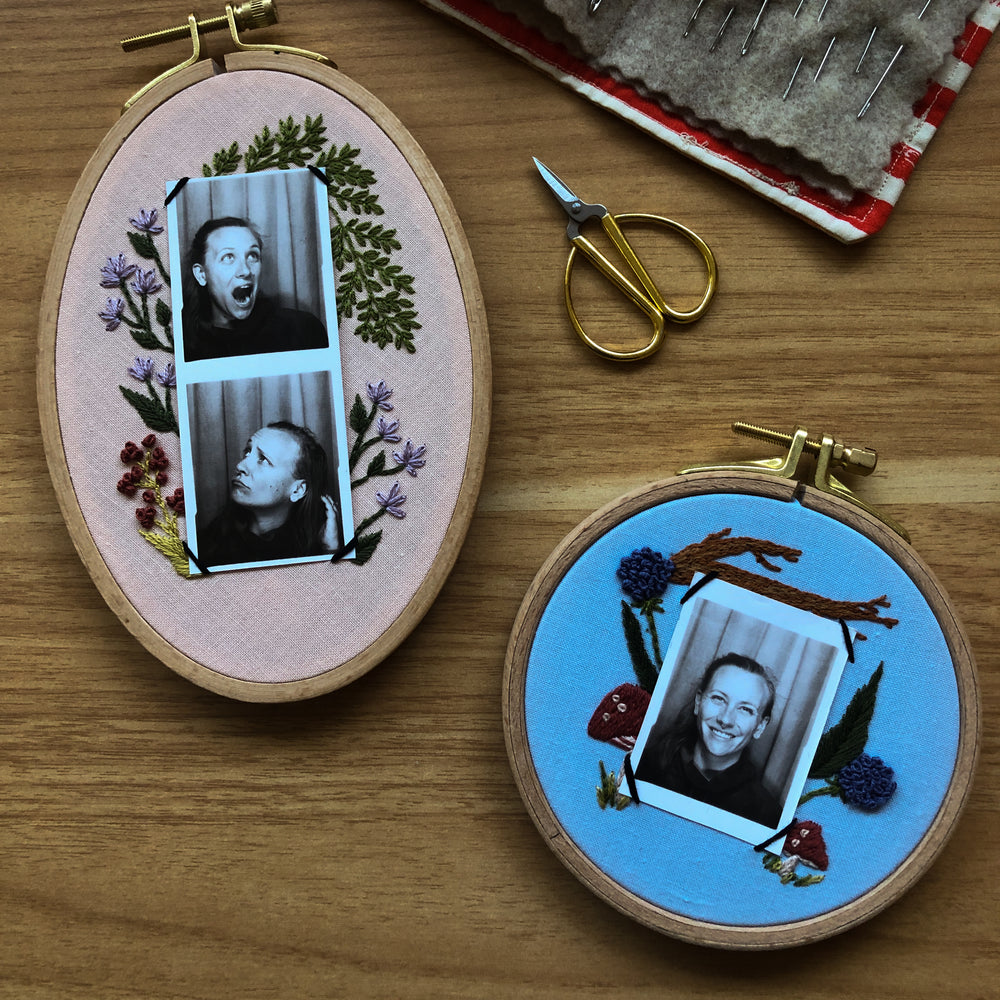 
                      
                        Two mini embroidery frames with photo book photos displayed in each.
                      
                    