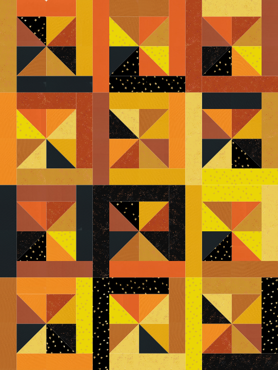 digital mock up of a wyldwhirl quilt using a practical magic fat quarter bundle.