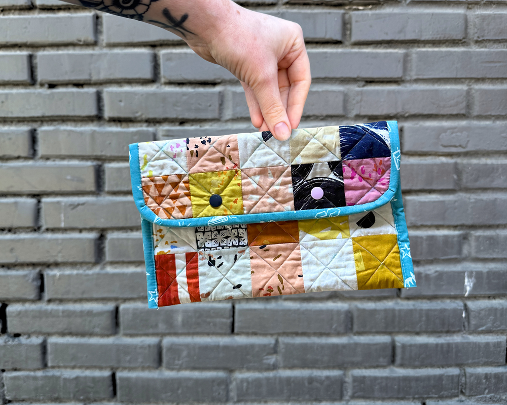 quilted mini pouch displayed for digital pattern finished product