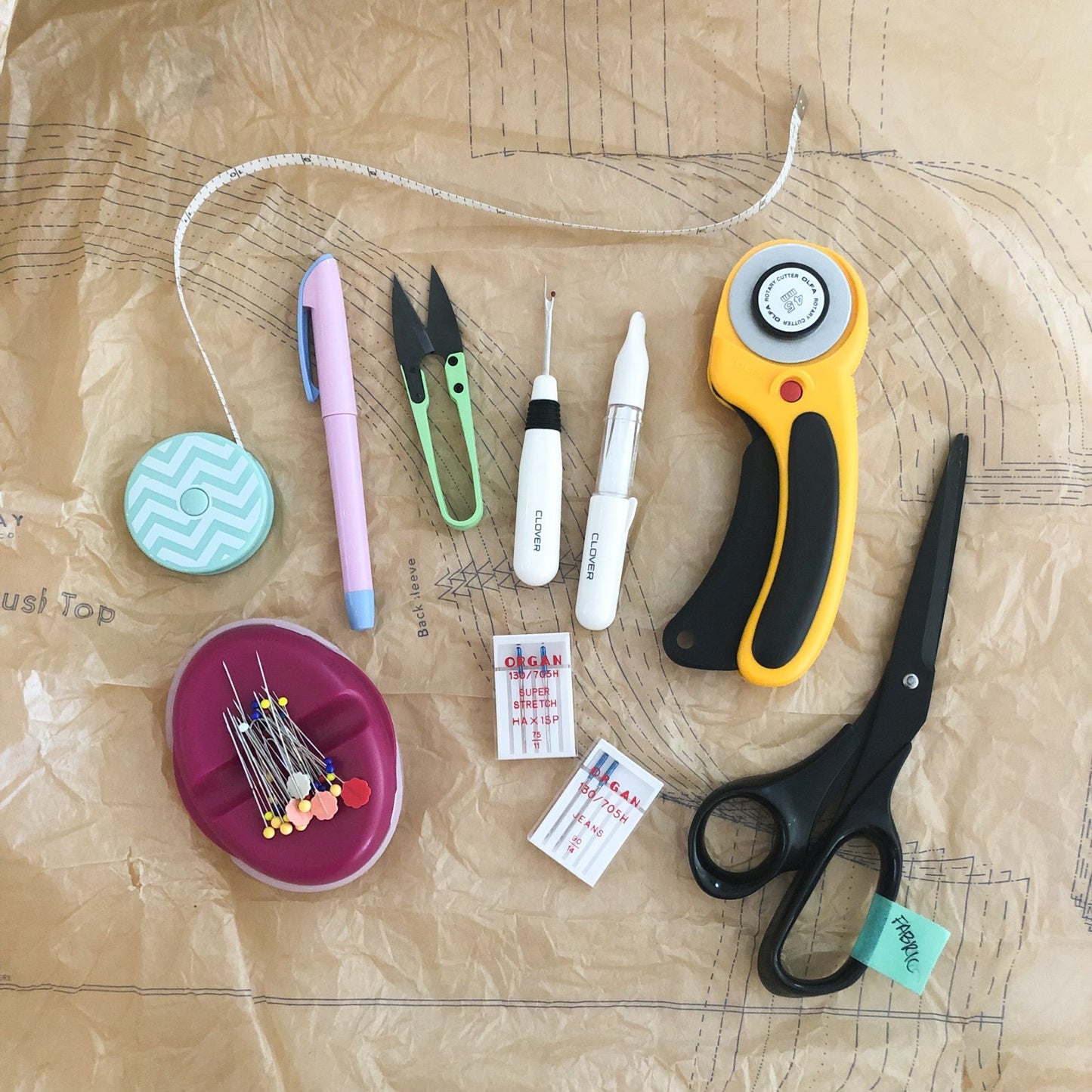 Set of sewing tools for a beginner sewing class for garment making at Wyldwood Creative Renton